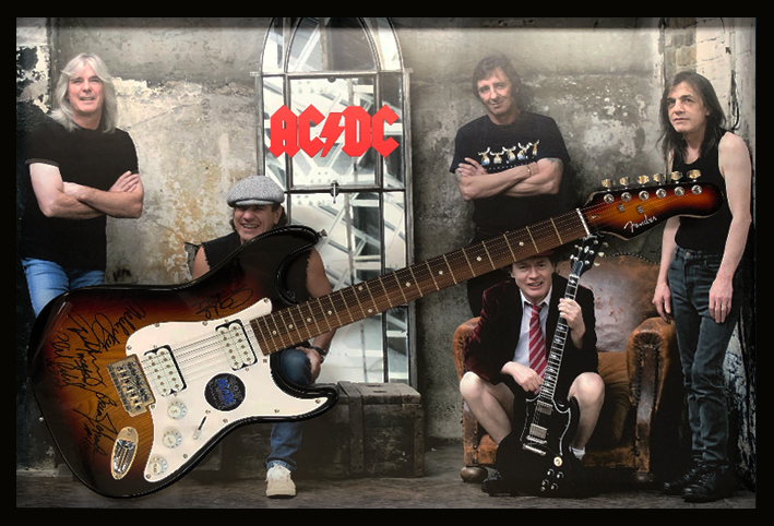 AC/DC - Guitar Personally Signed by the Band with Custom Backdrop